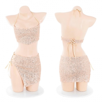 Sexy slight stretch sequins lace-up two-piece set(with thong)
