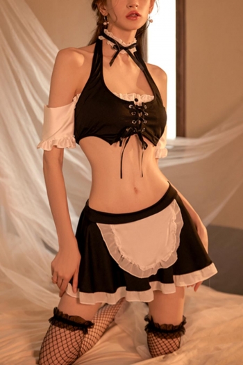 Sexy slight stretch maid costumes three-piece set(with neck ring& hair hoop, no stockings)