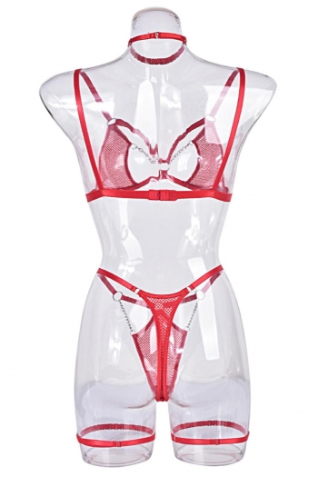 Sexy slight stretch fishing net cutout two-piece set(with neck ring & leg ring)
