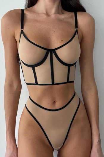 Sexy slight stretch color contrast mesh two-piece set(with underwire)