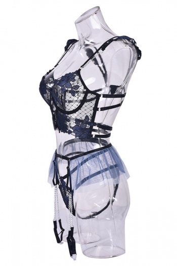 Sexy slight stretch metal chain lace garter three-piece set(with underwire)