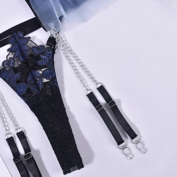 Sexy slight stretch metal chain lace garter three-piece set(with underwire)