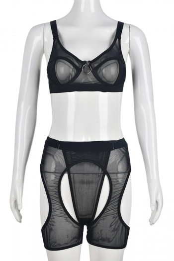 Sexy slight stretch mesh cut out three-piece set(with underwire,no gloves)