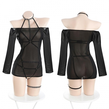 Sexy stretch mesh smock rivet teddy collections(with leg ring, no stockings)