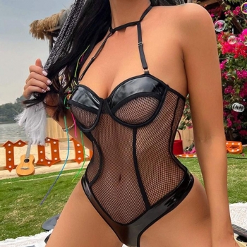 Sexy slight stretch pu fishing net teddy collection(with underwire)