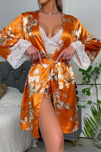 sexy non-stretch flower printing lace trim with nightgown three-piece set#4