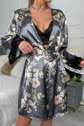 sexy non-stretch flower printing lace trim with nightgown three-piece set#5