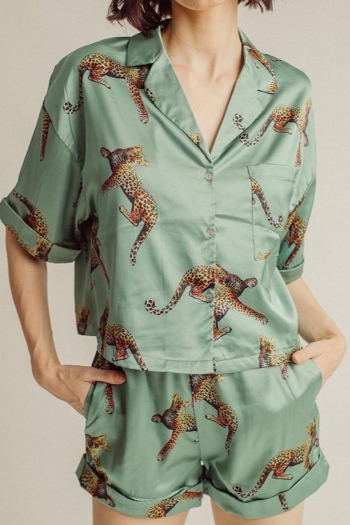 sexy non-stretch satin pocket button leopard sleepwear