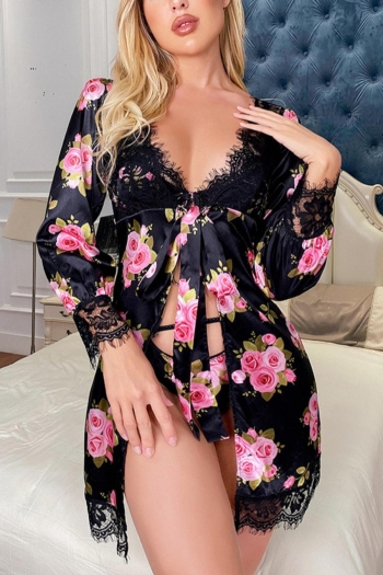 sexy non-stretch satin stitching lace flower printing nightgown(no underwear)