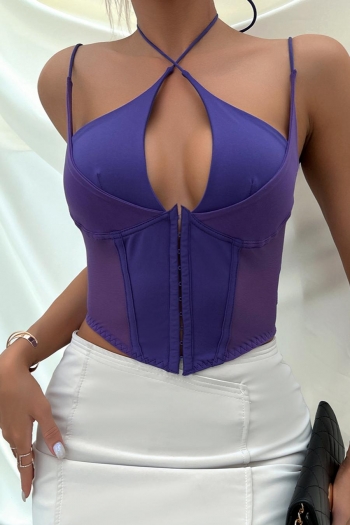 xxs-l sexy slight stretch mesh stitching halter-neck lace-up vest