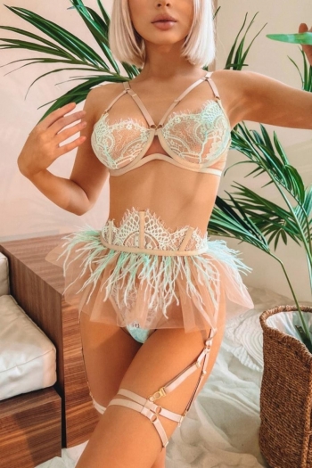 sexy lace feather mesh hollow three-piece set(with underwire & leg ring)