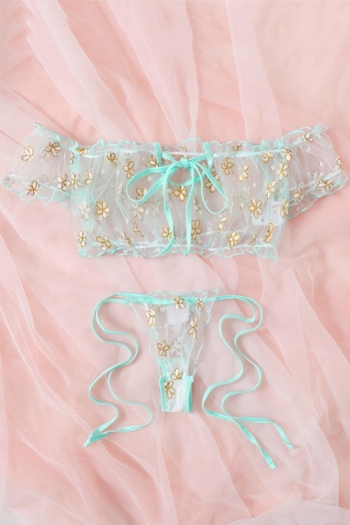Sexy stretch ruffle mesh flower lace-up two-piece set