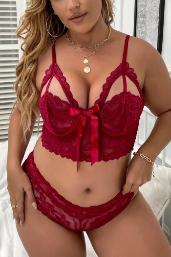 sexy plus size slight stretch v-neck lace hollow with underwire two-piece set