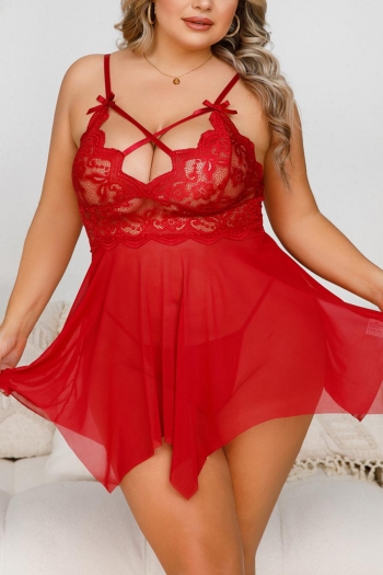 plus size slight stretch lace stitching mesh babydoll(with g-string)