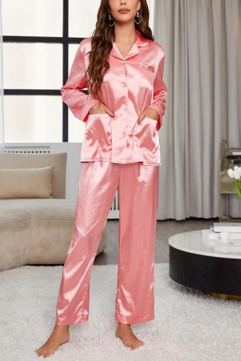 casual slight stretch satin button lace-up pants set sleepwear