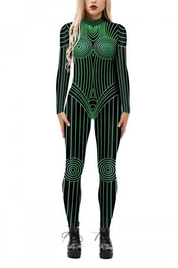 halloween slight stretch zip-up tight stripe printing jumpsuit cosplay uniform#1