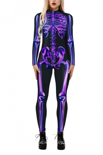 halloween slight stretch zip-up tight skeleton printing jumpsuit cosplay uniform