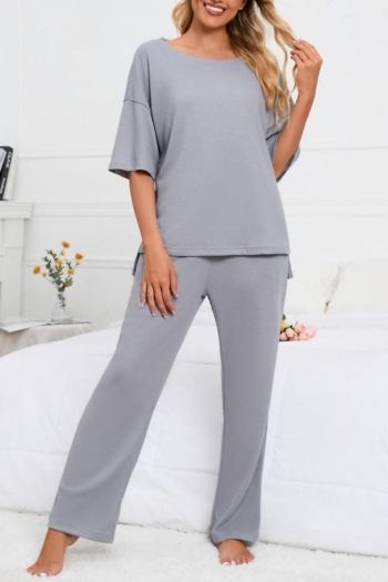 casual plus size slight stretch pure color elbow-sleeve pants set loungewear