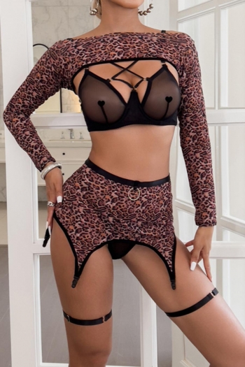 sexy slight stretch leopard mesh garter four-piece set(with underwire& leg ring)