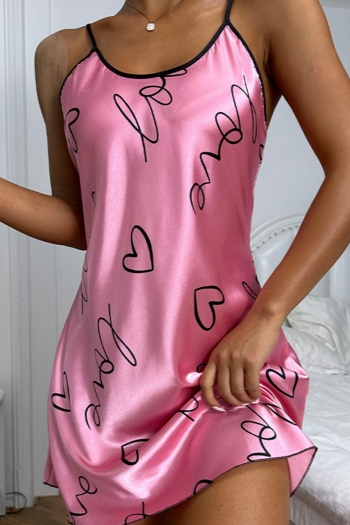 sexy non-stretch satin heart batch printing sling mini dress sleepwear