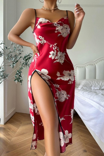 sexy non-stretch satin flower batch printing midi dress sleepwear