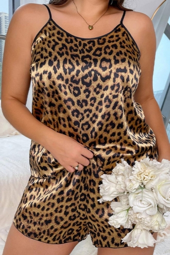 sexy plus size non-stretch leopard satin shorts sets sleepwear