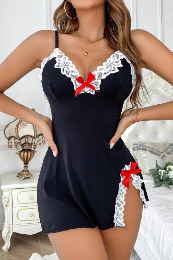 sexy slight stretch lace trim bow decor slit mini dress sleepwear