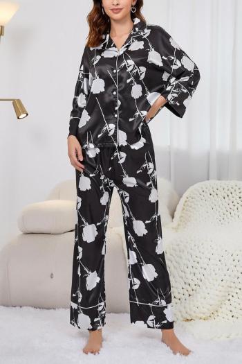 casual non-stretch satin flower button pants set sleepwear