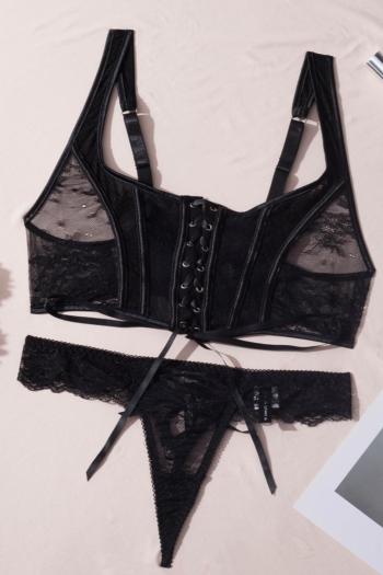 sexy slight stretch solid color mesh lace-up two-piece set