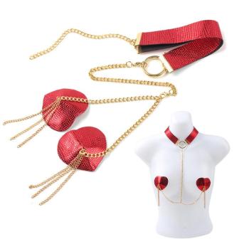 one pc sexy sm leather tassel nipple pad metal chain necklace