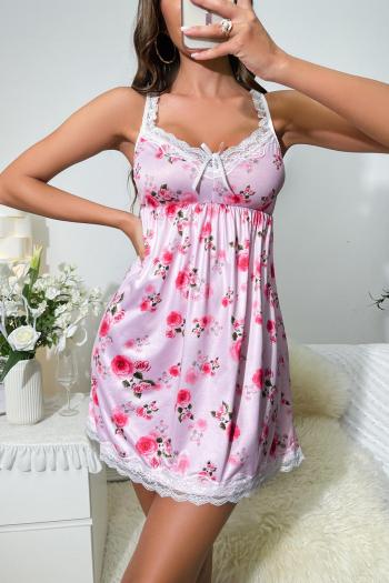 sexy slight stretch flower batch printing lace trim sling loungewear