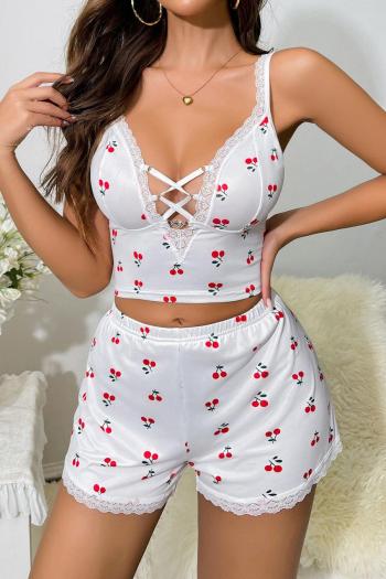 sexy slight stretch cherry batch printing lace trim v-neck shorts set loungewear
