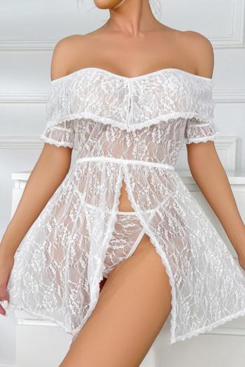 sexy slight stretch lace see-through off-shoulder slit babydoll(with thongs)