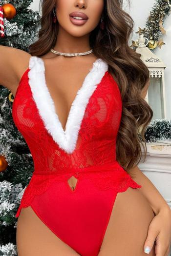 sexy christmas slight stretch lace fuzzy v-neck teddy collections