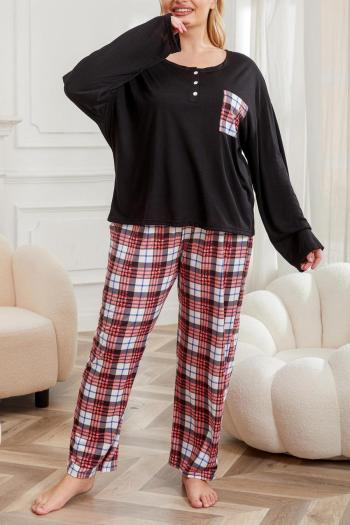 casual plus size slight stretch plaid print loose pocket pants sets loungewear