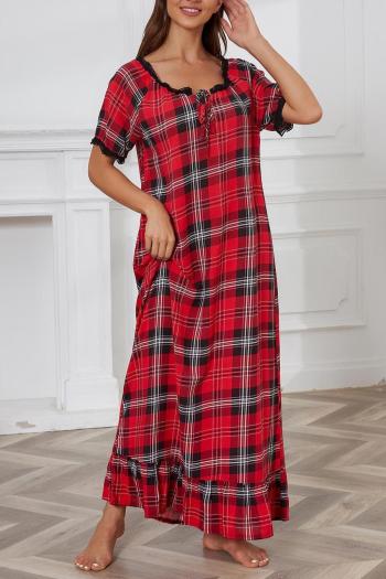 casual plus size non-stretch plaid print loose maxi dress loungewear
