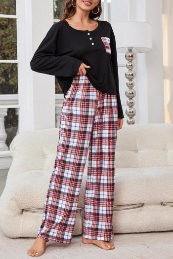 casual slight stretch plaid print loose pocket pants sets loungewear
