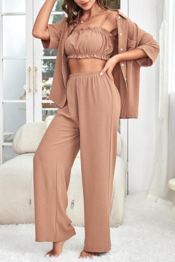 casual non-stretch solid color three piece sets loungewear