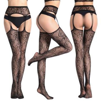 sexy high stretch jacquard hollow crotchless tights#34