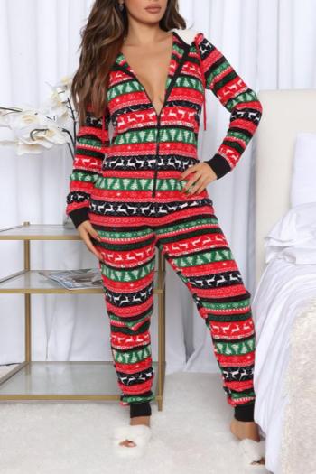 christmas stylish slight stretch velvet hooded zip-up jumpsuit loungewear