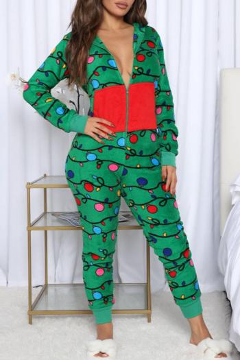 christmas stylish slight stretch velvet printing hooded jumpsuit loungewear