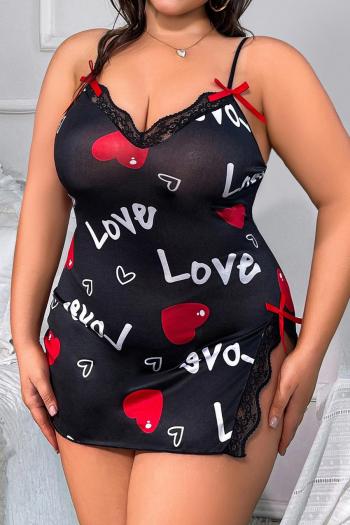 sexy plus size slight stretch heart graphic print lace stitching mini nightgown