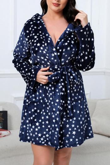 christmas plus size non-stretch star print flannel belt nightgown loungewear