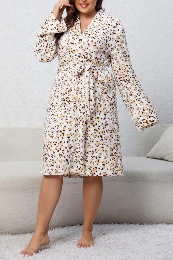 casual plus size non-stretch leopard print belt flannel nightgown loungewear