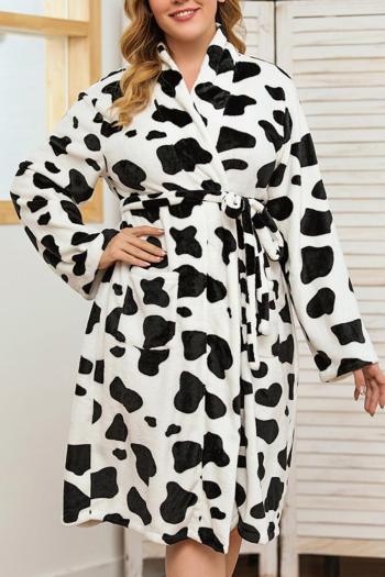 casual plus size non-stretch milk cow print flannel nightgown loungewear