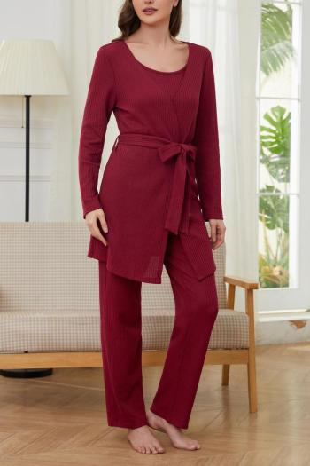 casual slight stretch solid color belt three piece sets loungewear