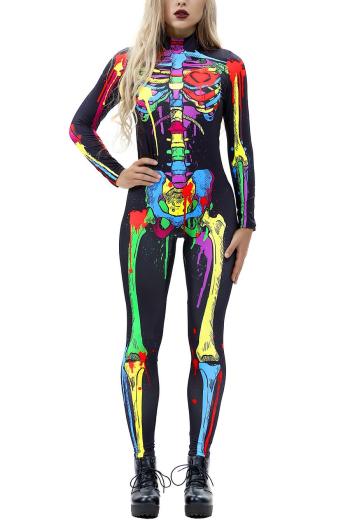 stylish high stretch tight multicolor skull print jumpsuit costume