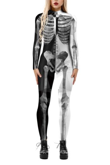stylish high stretch tight contrast color skull print jumpsuit costume