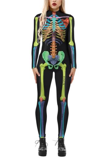 stylish high stretch tight colorful skull print jumpsuit costume