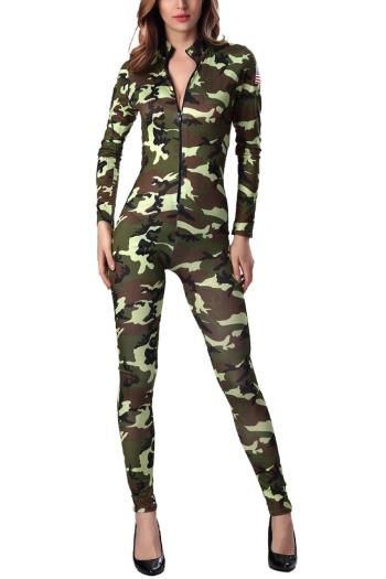 sexy slight stretch camo printing zip-up jumpsuit costumes(with hat)